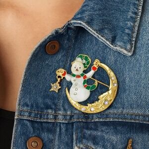 Whimsical Enamel Snowman Moon Star Charm Brooch Pin Holiday Festive Christmas